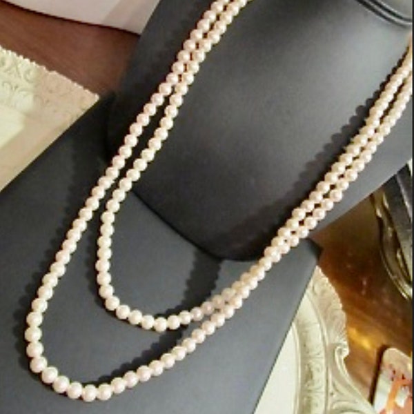 Vintage New Old Stock Single Strand Flapper LONG Pale Pink Faux Pearl Necklace 60" Made in Japan