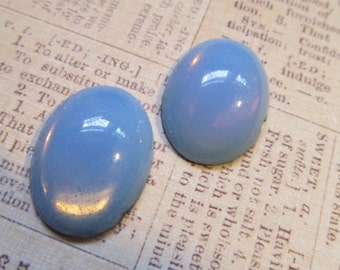 Vintage GLASS Cabochons BLUE Opalescent Gold Foil West Germany 25x18mm (2 Stones)