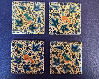 Vintage Lot of 4 Kashmir Square Hand Painted Lacquer Bird Tiles 2 Inches x 2 Inches