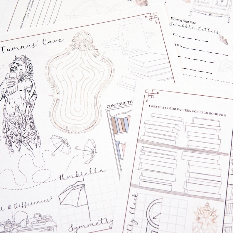 May include: A collection of printed activity sheets with line drawings and text. The sheets include mazes, word puzzles, and illustrations of a lion-like creature, umbrellas, and bookshelves. The text includes "Tumnus' Cave" and "Umbrella".