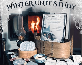 May include: A cozy scene featuring a wooden box with a clipboard, a small bowl, and a wooden box filled with snowflake-patterned coasters. The text "Whimsical Winter Unit Study" is at the top. A fireplace with a burning fire is in the background.