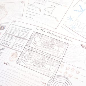 May include: A collection of printable activity sheets with various educational games and puzzles. The sheets feature line drawings of books, snowflakes, and a professor's room, with text like "In the Professor's Room" and "Can You Spot all 10 Differences?"