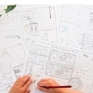 May include: A collection of illustrated activity sheets with pencil drawings and text. The sheets feature various themes, including mazes, word searches, and coloring pages. The text includes phrases like "Through the Wardrobe" and "In the Professor's Room."