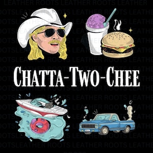 Puede incluir: Diseño gráfico con un vaquero de dibujos animados con gafas de sol, una hamburguesa, una taza de helado morado, una lancha motora y una camioneta azul. El texto "CHATTA-TWO-CHEE" está en el centro de la imagen. El fondo es negro.