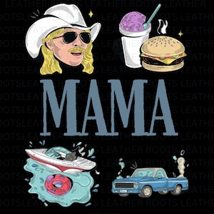 Puede incluir: Una ilustración azul y blanca de un barco, una dona y una camioneta pick-up. El texto "MAMA" está en letras azules grandes. La imagen está sobre un fondo negro con un sombrero de vaquero blanco, una hamburguesa y un vaso de hielo raspado.