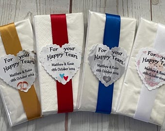Happy tears tissues ,Personalised wedding guest favour, 2pack, Ribbon, sealed