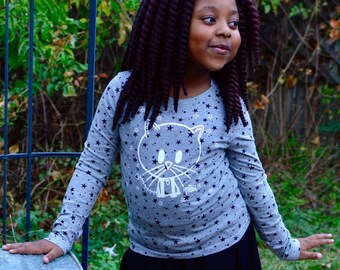 7-13yrs Girls Zombie Kitty Cat Loverocky long sleeve Grey Black Stars top t-shirt cosy and stars hygge rocky the zombie t-shirt