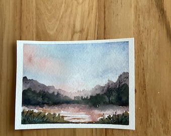 Petit paysage aquarelle peint à la main - oeuvre d'art originale ACEO-nature