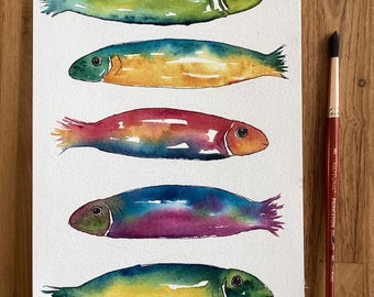Sardine School series 1. Original watercolor. Coastal Decor, Nautical Decor