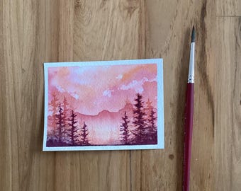 Petit paysage aquarelle peint à la main - oeuvre d'art originale ACEO-nature