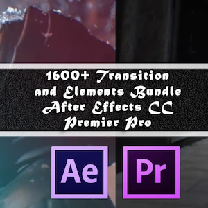 May include: A black and white image with text that reads "1600+ Transition and Elements Bundle After Effects CC Premiere Pro". The image also includes the After Effects and Premiere Pro logos.