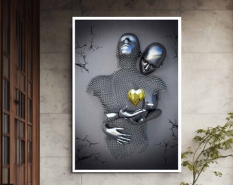 Metallic Cuddling Couple Heart Romantic Modern Canvas Wall Art Print Ready To Hang