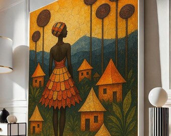 African Woman Canvas Print, Tribal Village Wall Art, Cultural Home Decor