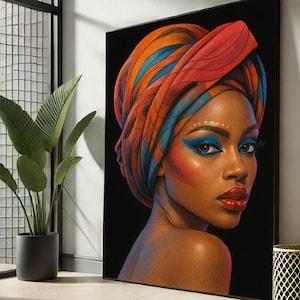 African Woman Colorful Headwrap Canvas, Bold Ethnic Portrait Wall Art, Black Girl Magic, Afro Modern Decor, Ready to Hang, Canvas Print