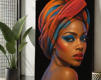 African Woman Canvas Print, Colorful Headwrap, Ethnic Portrait Wall Art