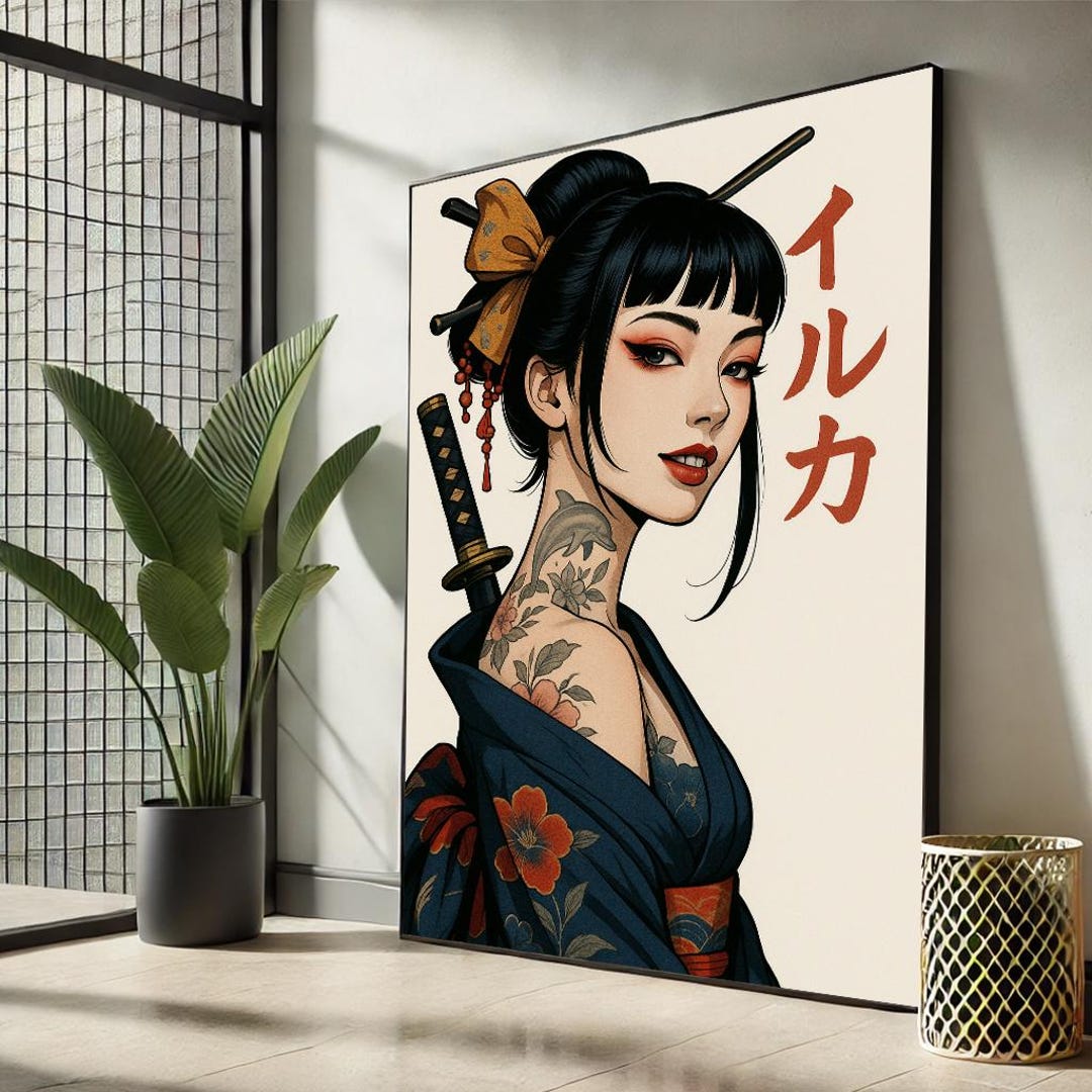 Modern Japanese Tattoo Geisha | Bold Samurai Woman Canvas Wall Art ...