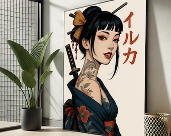 Arte en lienzo de una geisha tatuada / Impresión de una mujer samurái moderna