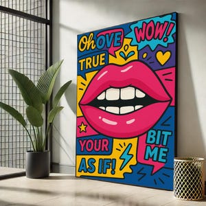 Colorful Lips Pop Art Canvas Wall Art Print | Bold & Playful Comic Style | Vertical | Living Room Decor | Gift for Art Lovers