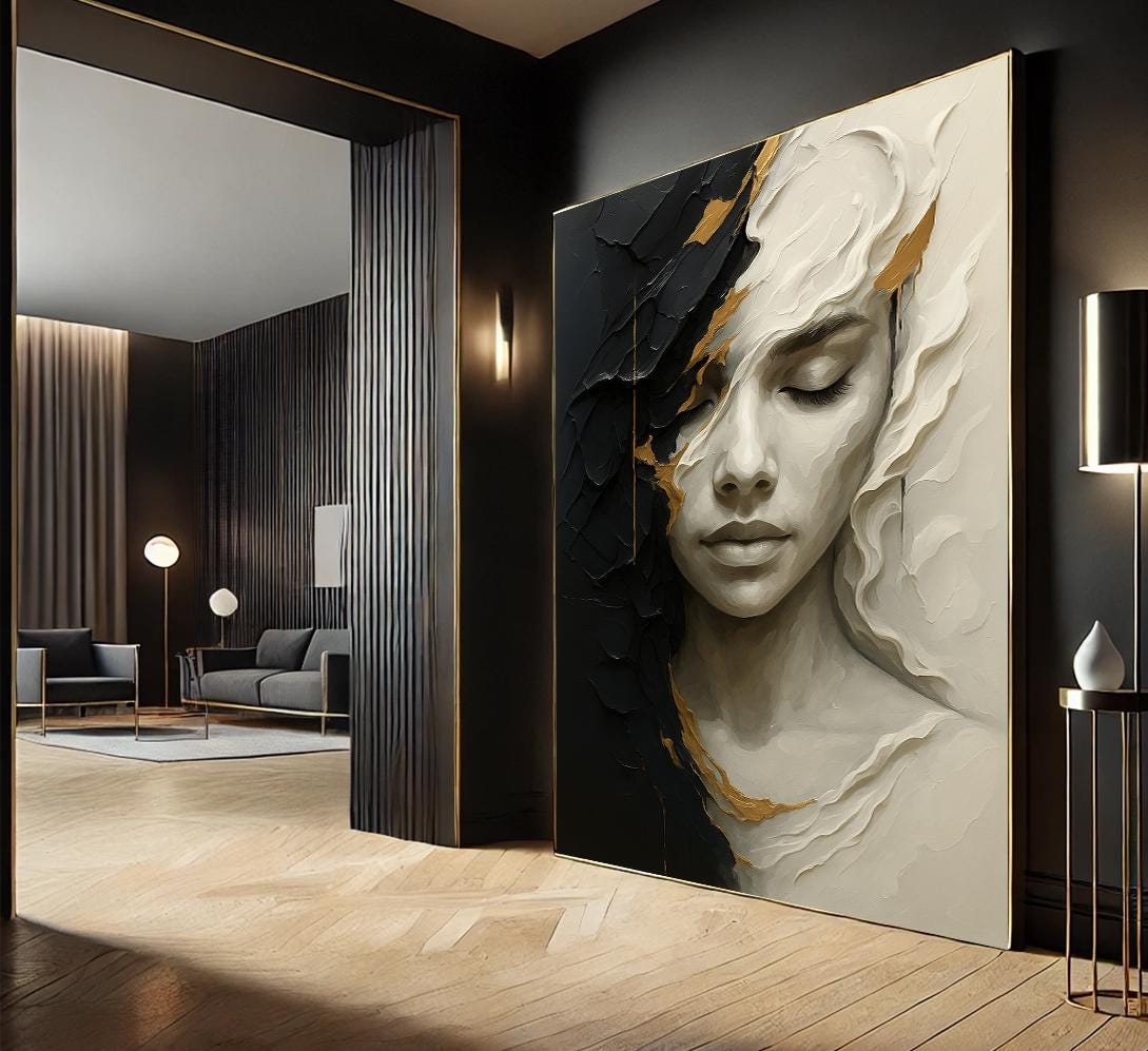 Textured Abstract Woman Face Canvas Art | Black, White & Gold Textured Abstract Woman Face Canvas Art | Black, White & Gold