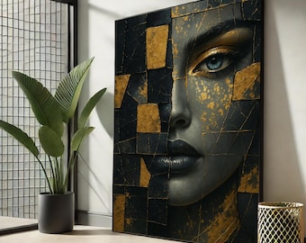 Broken Beauty Kintsugi Portrait | Gold Cracked Face Canvas Wall Art – Modern Abstract Woman Print