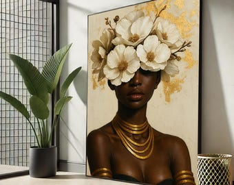 Könnte beinhalten: Ein künstlerisches Porträt einer Frau mit dunkler Haut, geschmückt mit einem floralen Kopfschmuck und Goldschmuck. Das Gemälde hat einen cremefarbenen Hintergrund mit Goldblatt-Akzenten, die einen auffälligen Kontrast zu den Merkmalen des Motivs bilden.