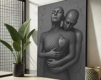 Cuadro decorativo monocromático para sala de estar con diseño de escultura "Abrazo Romántico", pieza destacada.