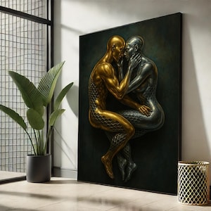 Lienzo "Abrazo Dorado y Plateado", Impresión de Arte Abstracto de Figuras Humanas, Póster de Pareja Moderna, Listo para Colgar, Arte de Pared en Lienzo