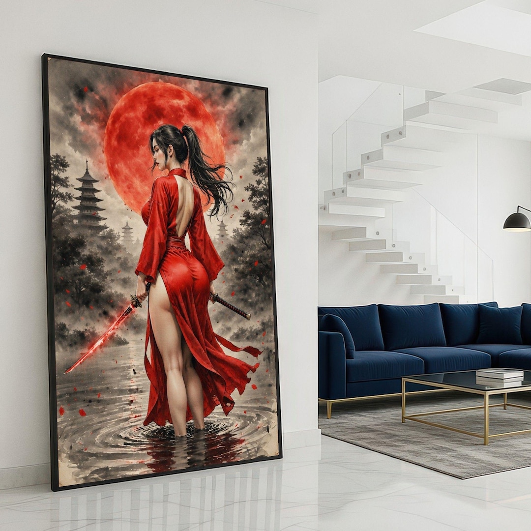 Japanese Samurai Woman Framed Wall Art, Red Moon Kimono Canvas Print ...