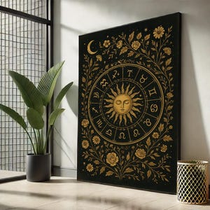 Lienzo decorativo del zodíaco místico: Carta astral dorada con sol y luna / Decoración bohemia celestial para interiores espirituales