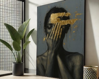 Gold Leaf Abstract Woman Portrait, Emotional Canvas Wall Art
