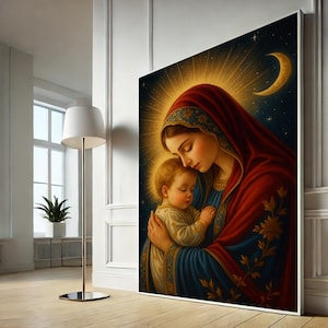 Heavenly Madonna and Child Canvas Wall Art Print | Radiant Living Room Decor | Spiritual Statement Piece