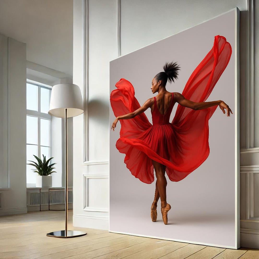Elegant Black Ballerina in Red Dress Canvas Wall Art Print | Modern ...