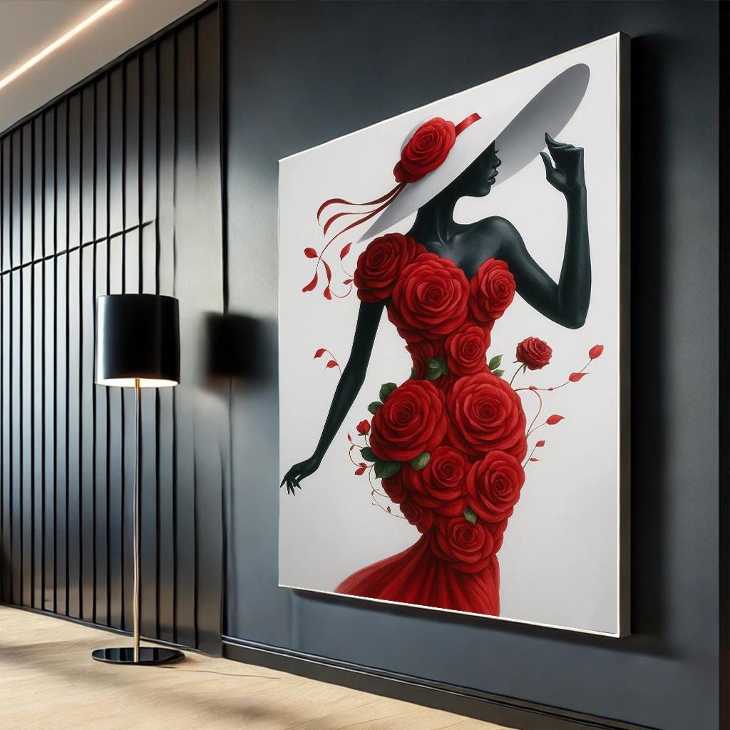 Elegant Black Woman in Red Rose Dress Canvas Art | Modern Decor - Etsy