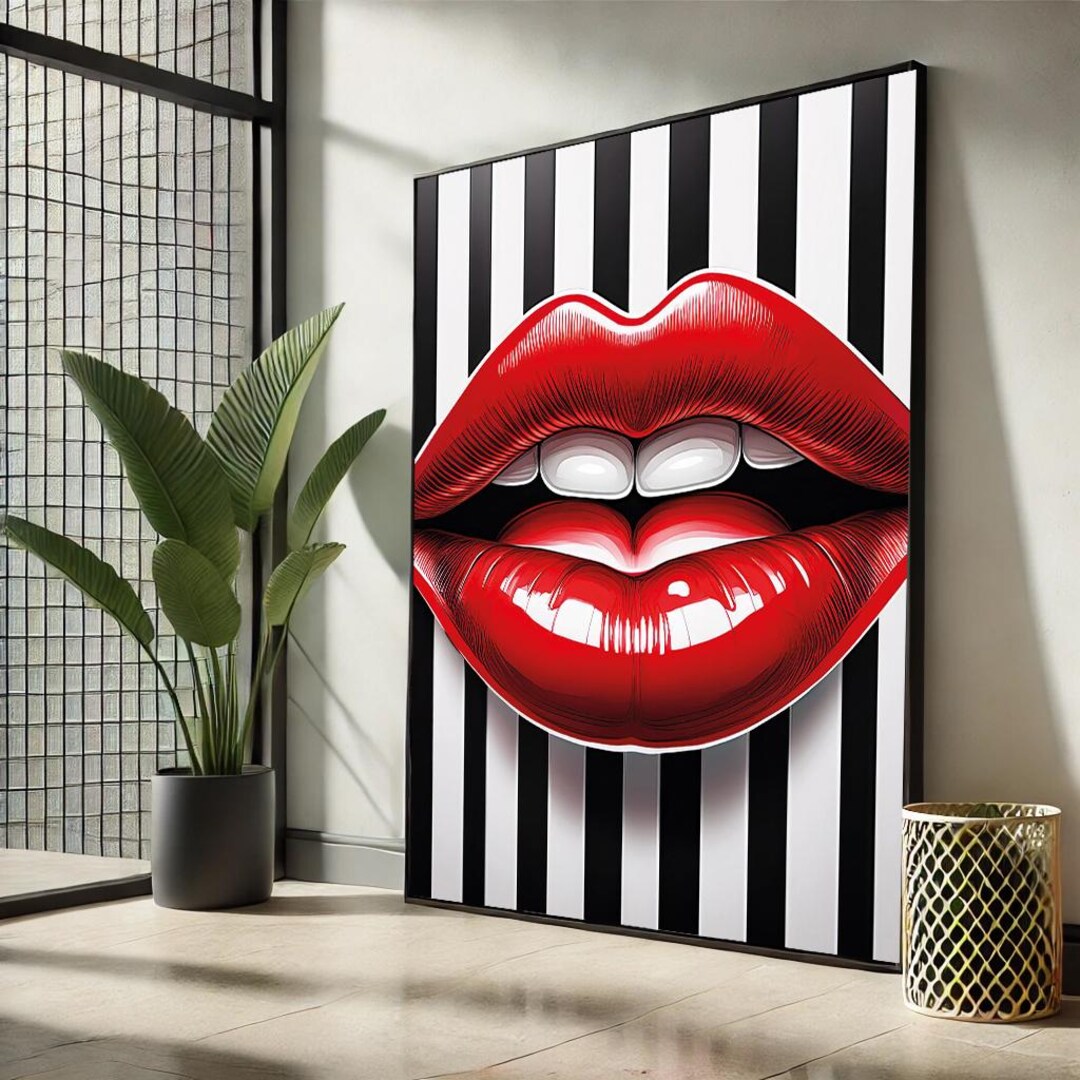 Red Lips Pop Art Canvas – Black and White Striped Wall Decor - Etsy