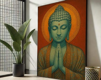 Op de afbeelding: Een ingelijst kunstwerk met een serene Boeddha in een meditatieve houding. De Boeddha is afgebeeld met een turquoise teint, gekleed in een patroonjas, en geplaatst tegen een warme oranje achtergrond met een gouden halo. Het kunstwerk wordt getoond in een moderne interieursetting.
