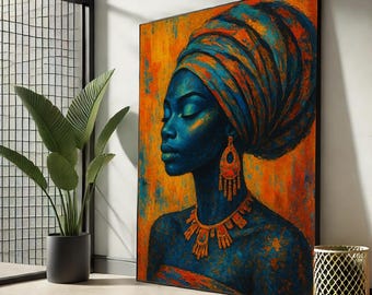 Vibrant Regal African American Afro Black Woman Canvas Wall Art | Ethnic Portrait Painting | Bold Blue and Orange Decor Accent