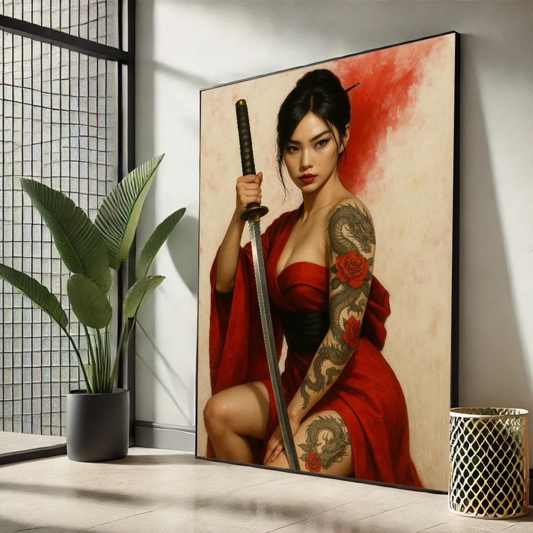 Red Samurai Woman Canvas Art | Oriental Tattoo Decor - Etsy