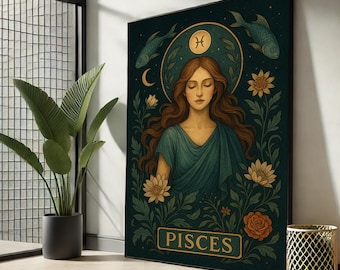 Pisces Zodiac Canvas Art | Mystical Woman, Boho Horoscope Decor