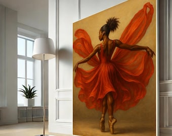 African Ballerina Canvas Art Print | Elegant Red Dress, Modern Decor