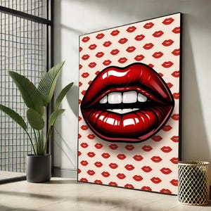 Bold Red Lips Pop Art Print | Sexy Lipstick Canvas Wall Art – Modern Girl Room Decor Gift for Makeup Lovers