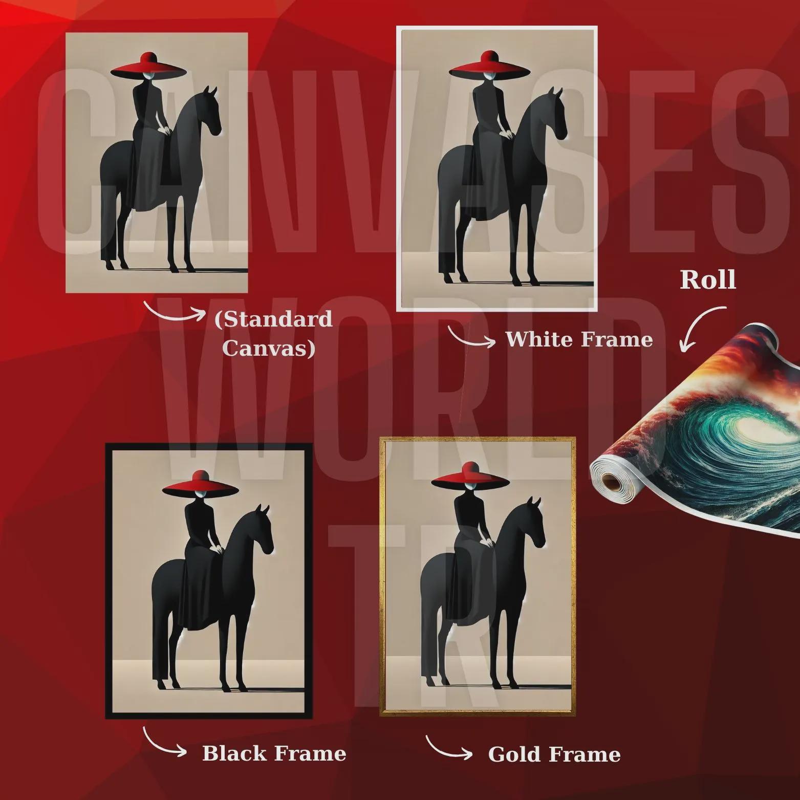 Red Hat Lady on Horse Canvas Art | Modern Minimalist Wall 