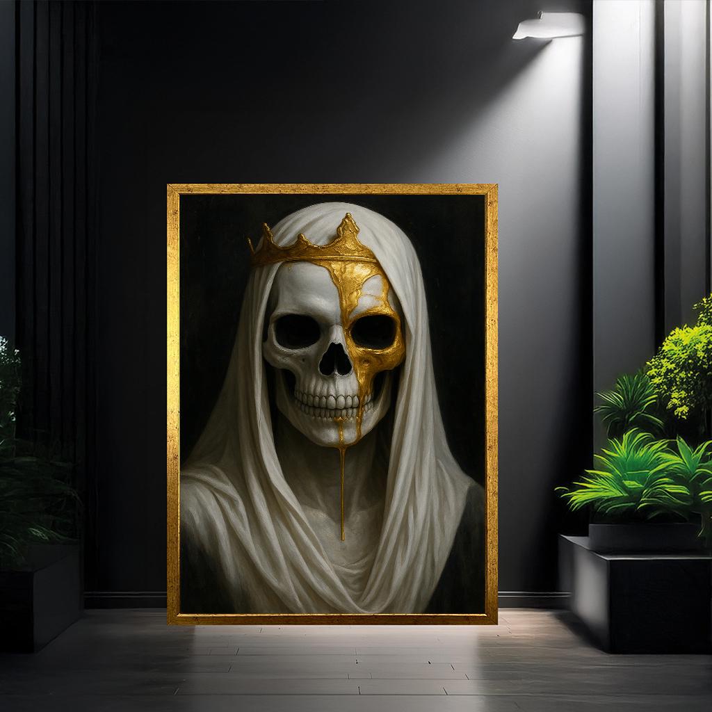 Gothic Skull Queen Canvas | Dark Royal Gold Crown Art – Macabre