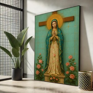Virgin Mary Canvas Wall Art Print | Catholic Religious Decor with Roses & Halo | Vertical Christian Wall Art | Gift for Faithful Homes