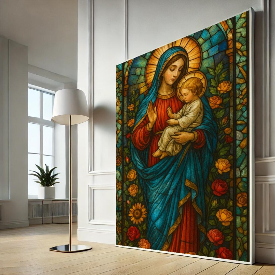 Virgin Mary and Child Canvas Print | Stained Glass Style Wall Art - Etsy