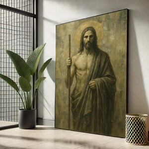 Sacred Jesus Christ Portrait | Powerful Religious Canvas Art – Spiritual Resurrection Painting with Gold Halo for Christian Wall Decor