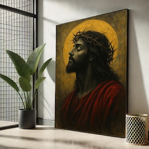 Jesus Christ Canvas Wall Art – Crown of Thorns with Golden Halo | Powerful Christian Religious Painting