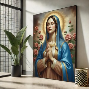 Virgin Mary Canvas Art, Catholic Wall Art Print, Blessed Mother Poster for Prayer Room, Ready to Hang, Religious Home Decor