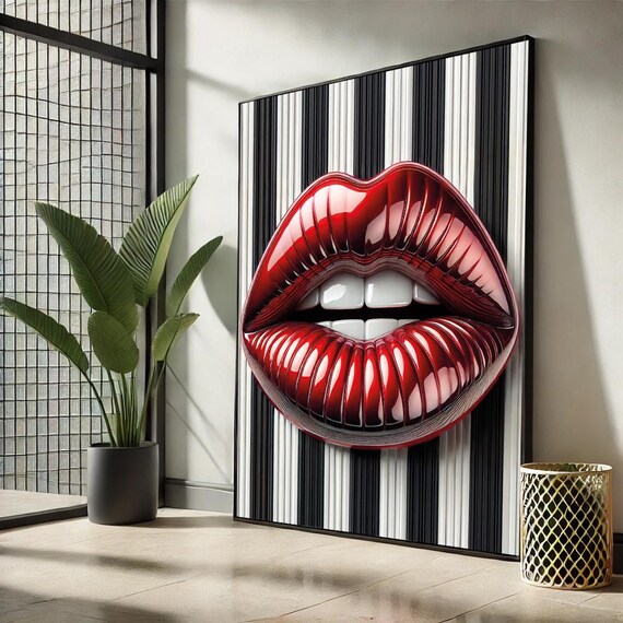 Lips Pop Art Canvas – Black & White Striped, Modern Wall Decor - Etsy