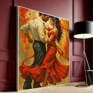 Impresión artística en lienzo de pareja apasionada de baile latino / Decoración para sala de estar en rojo / Pieza llamativa