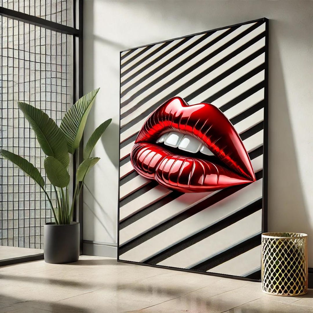 Modern Red Lips Pop Art Canvas – Black & White Stripes - Etsy
